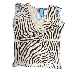 Letarte Y2K Zebra Print Tank Blouse White Black Large‎ Gathered Surplice V-Neck